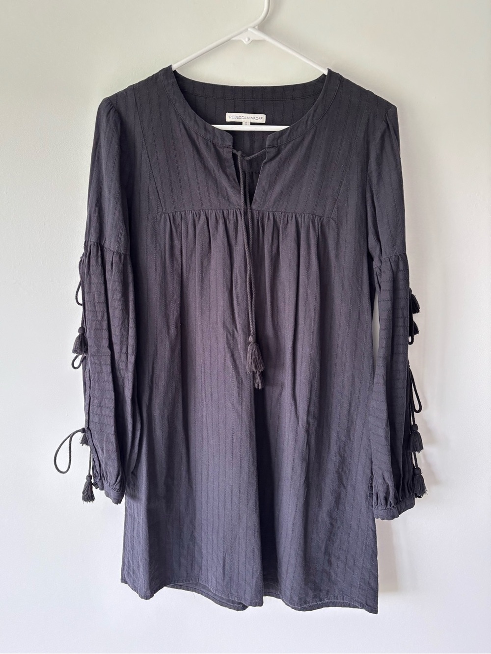 Rebecca Minkoff Black Cotton Peasant Mini Dress Long Sleeve Tie Arms Cottagecore